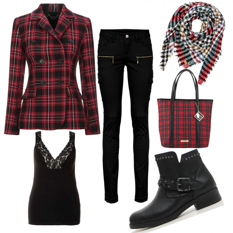Outfit donna - Fsntadis Tartan!. Stile Trendy per Tutti i giorni. Abbinamento con pantaloni cargo, borse a mano, blazer, stivali, sciarpe, canottiere.