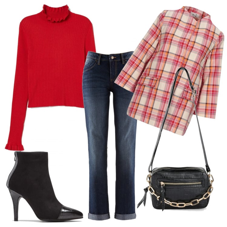 Outfit donna - Trendy #83569. Stile Trendy per Tutti i giorni. Abbinamento con jeans dritti, stivaletti, borse a tracolla, blazer, maglioni.