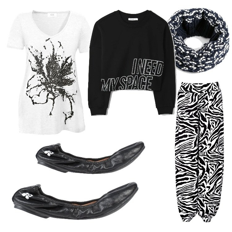 Outfit donna - Relax davanti alla tv. Stile Basic per Tutti i giorni. Abbinamento con pantaloni a palazzo, t-shirt, foulard, ballerine, felpe.