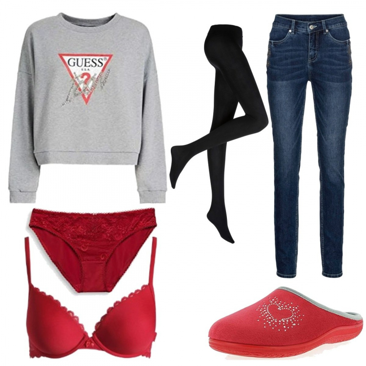 Outfit donna - Smart working. Stile Basic per Tutti i giorni. Abbinamento con collant, jeans, felpe con cappuccio, pantofole, reggiseni, slip.