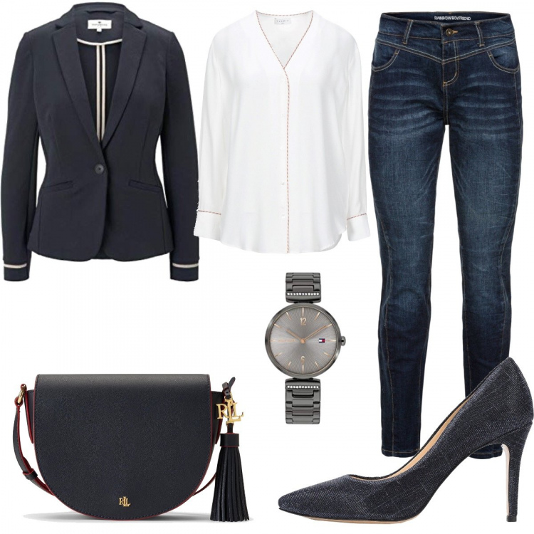 Outfit donna - Décolleté in lurex. Stile Bon Ton per Tutti i giorni. Abbinamento con jeans boyfriend, camicie, borse a tracolla, décolleté, blazer, orologi analogici.