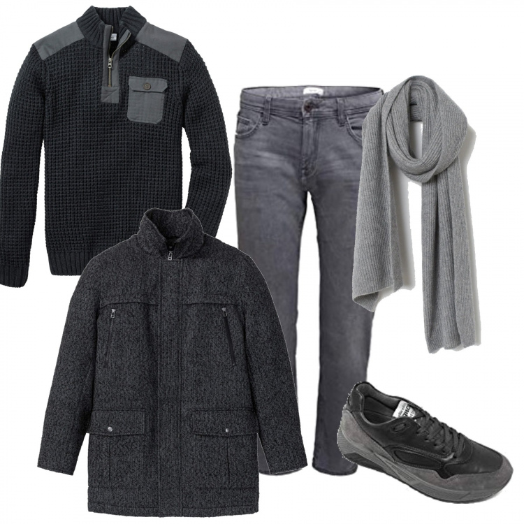 Outfit uomo - Casual #23961. Stile Casual per Tutti i giorni. Abbinamento con maglieria, giacche, jeans, sciarpe, sneakers alte.