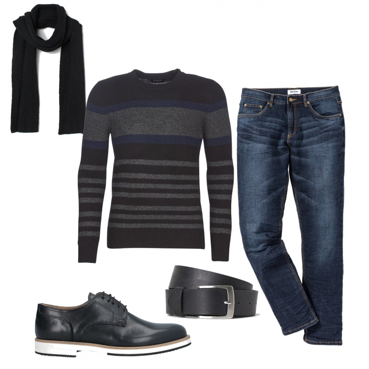 Outfit uomo - Trendy #10146. Stile Trendy per Tutti i giorni. Abbinamento con jeans slim fit, scarpe stringate, maglioni, cinture, sciarpe.