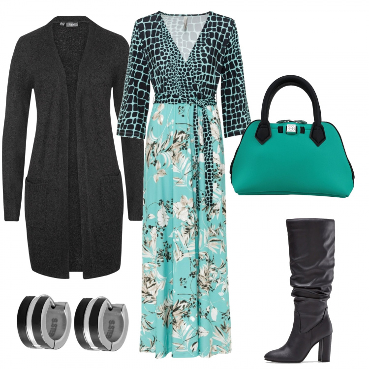 Outfit donna - Fiori Animalier. Stile Urban per Tutti i giorni. Abbinamento con cardigans, vestiti lunghi, stivali sopra il ginocchio, borse a mano, orecchini.
