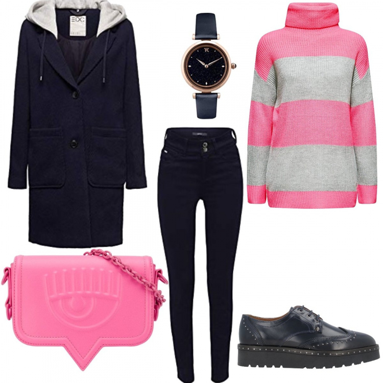 Outfit donna - Montgomery# Rosa#indossaliadesso. Stile Urban per Ufficio. Abbinamento con scarpe stringate, borse a spalla, blazer, felpe, jeans skinny, orologi.