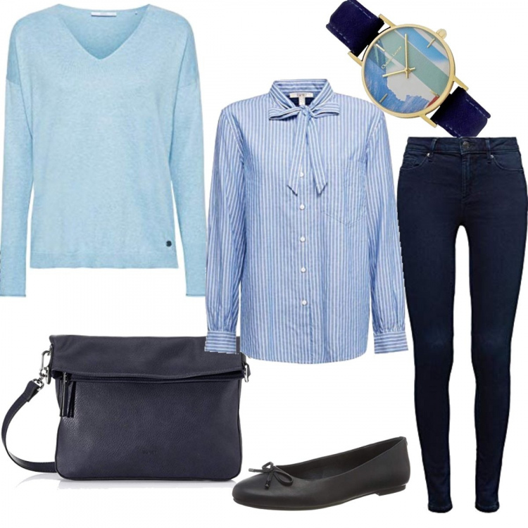 Outfit donna - Scala di Blu#= by Esprit. Stile Urban per Tutti i giorni. Abbinamento con felpe, jeans, camicie, borse a tracolla, orologi, ballerine.