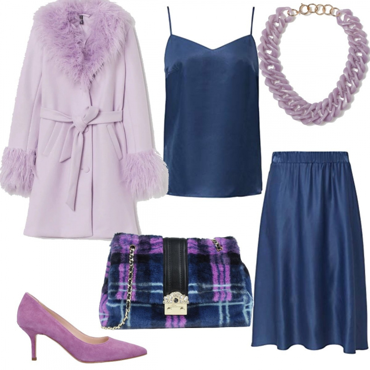 Outfit donna - Lavanda # Raso # serata Brillante. Stile Chic per Serata fuori. Abbinamento con décolleté, borse a tracolla, cappotti, camicie, collane, gonne longuette.