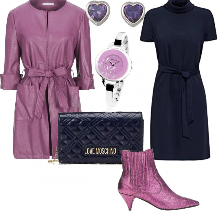 Outfit donna - Spolverino Pelle &Tubino da sera. Stile Chic per Serata fuori. Abbinamento con cappotti, stivaletti, vestiti, pochette, orecchini, orologi.