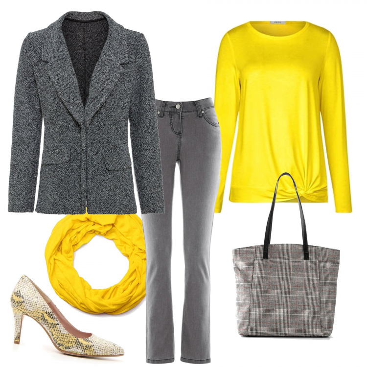 Outfit donna - Urban #31286. Stile Urban per Tutti i giorni. Abbinamento con jeans slim fit, blazer, shopping bag, pullovers, décolleté, sciarpe.