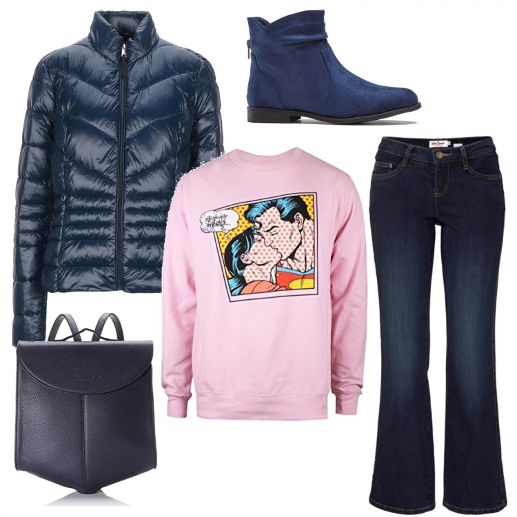Outfit donna - Urban #31299. Stile Urban per Tutti i giorni. Abbinamento con stivaletti, jeans bootcut, piumini, maglioni, zaini.