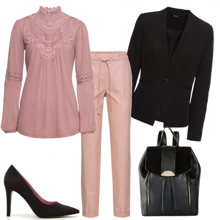 Outfit donna - Chic #45721. Stile Chic per Ufficio. Abbinamento con pantaloni, blazer, maglieria, zaini, décolleté.