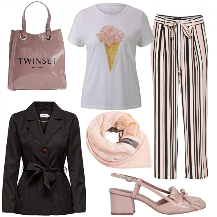 Outfit donna - Rosanero. Stile Basic per Tutti i giorni. Abbinamento con pantaloni capri, sandali in pelle, borse a mano, trench, t-shirt, sciarpe.