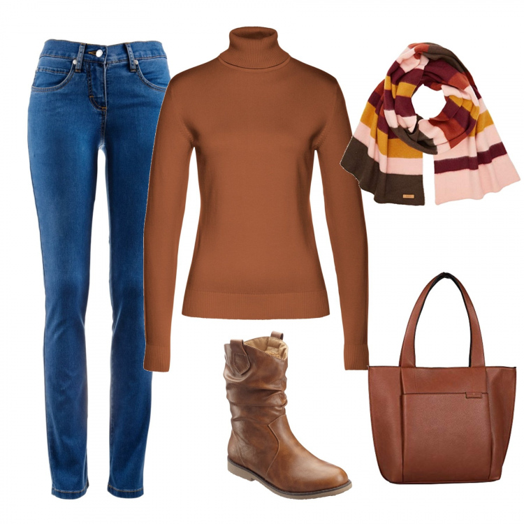 Outfit donna - Righe d’Autunno. Abbinamento con maglieria, jeans dritti, stivaletti, borse tote, sciarpe.