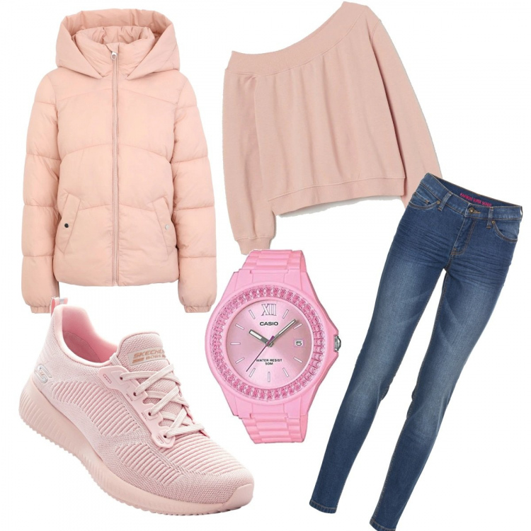 Outfit donna - Scendo a fare la spesa. Stile Basic per Tutti i giorni. Abbinamento con jeans skinny, sneakers, piumini, felpe, orologi analogici.