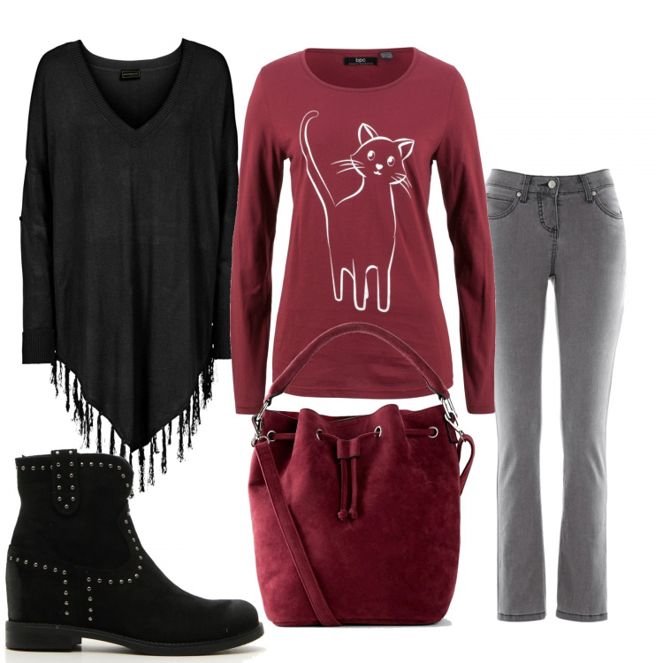 Outfit donna - Cat woman. Stile Trendy per Tutti i giorni. Abbinamento con jeans slim fit, maglieria, cappotti, borse a mano, stivaletti texani.