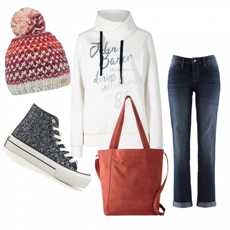 Outfit donna - Jeans con risvolto. Stile Trendy per Tutti i giorni. Abbinamento con jeans dritti, felpe, sneakers, sneakers alte, berretti.