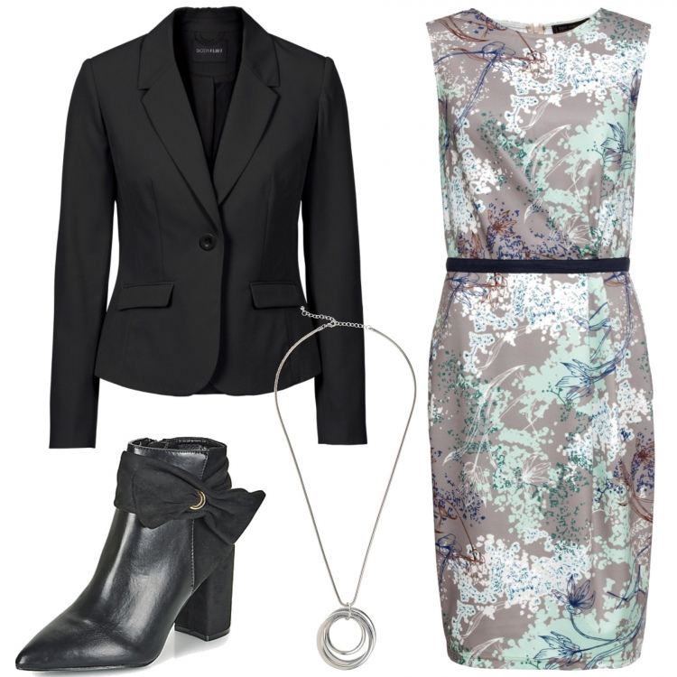 Outfit donna - Stamattina in ufficio. Stile Chic per Ufficio. Abbinamento con blazer, vestiti a tubino, collane, stivaletti.