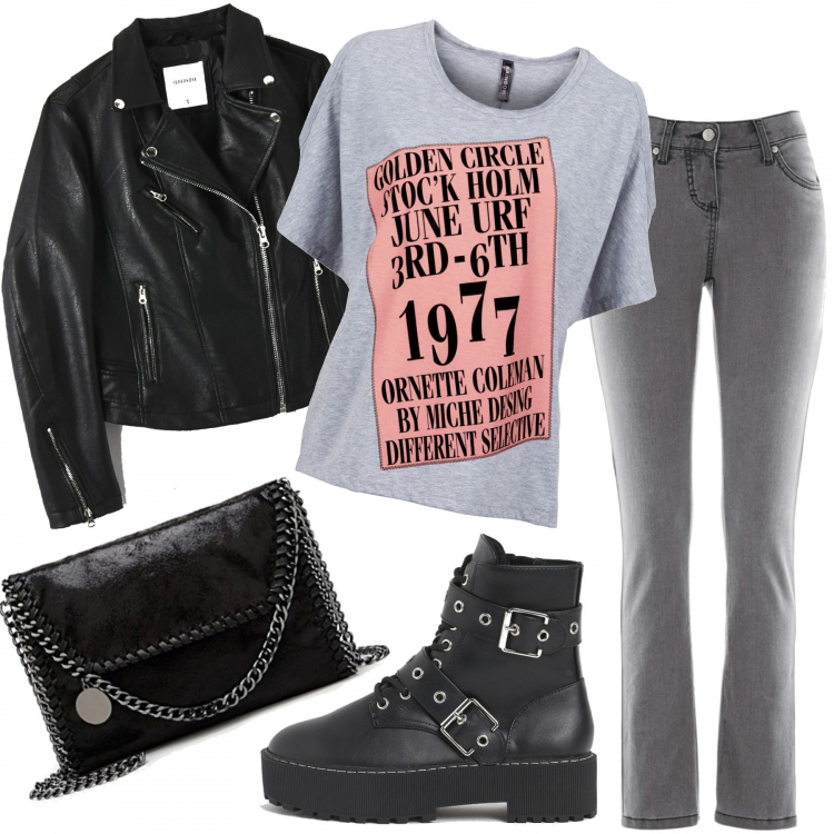 Outfit donna - Music & go. Stile Rock per Serata fuori. Abbinamento con jeans slim fit, maglieria, cappotti, borse a tracolla, stivaletti.