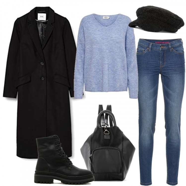 Outfit donna - Cappotto lungo e anfibi. Stile Basic per Tutti i giorni. Abbinamento con jeans skinny, zaini, cappelli con visiera, pullovers, cappotti, anfibi.