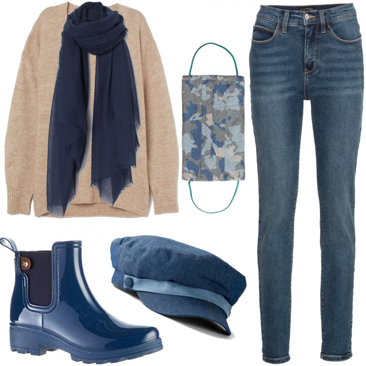 Outfit donna - Scende la pioggia. Stile Basic per Tutti i giorni. Abbinamento con jeans skinny, cappelli con visiera, stivali, pullovers, sciarpe, foulard.