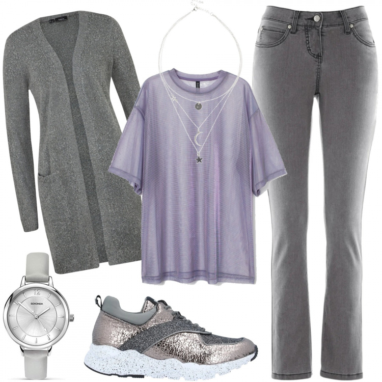 Outfit donna - Lavoro da casa. Stile Basic per Tutti i giorni. Abbinamento con jeans slim fit, cardigans, collane, sneakers, t-shirt, orologi.
