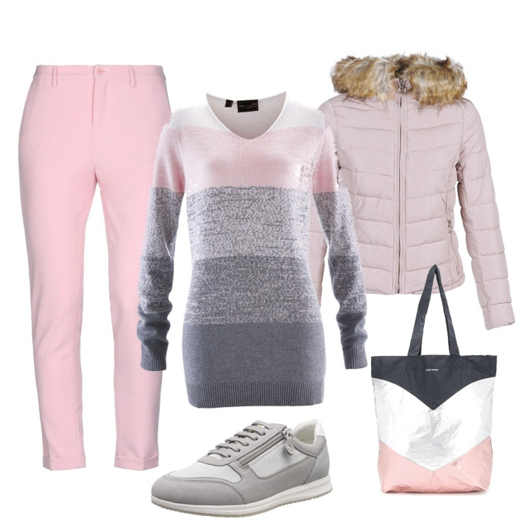 Outfit donna - Trendy #84099. Stile Trendy per Scuola/Università. Abbinamento con maglieria, pantaloni, piumini, shopping bag, sneakers.
