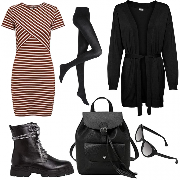 Outfit donna - Rock\'n Roll Stripes. Stile Rock per Tutti i giorni. Abbinamento con cardigans, collant, stivaletti, vestiti, zaini, occhiali da sole.