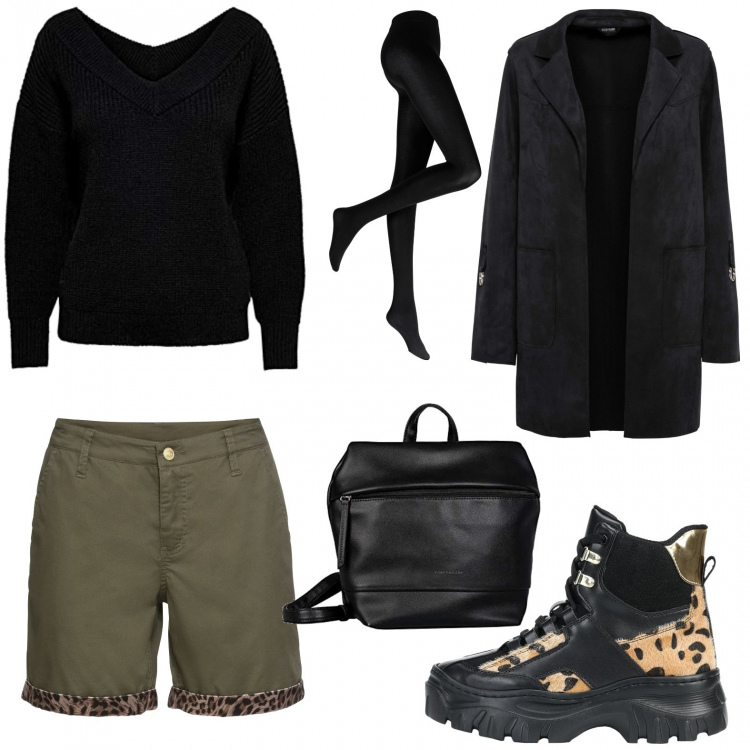 Outfit donna - Casual Leopard Chic. Stile Chic per Tutti i giorni. Abbinamento con collant, pantaloni chino, blazer, stivaletti, pullovers, zaini.