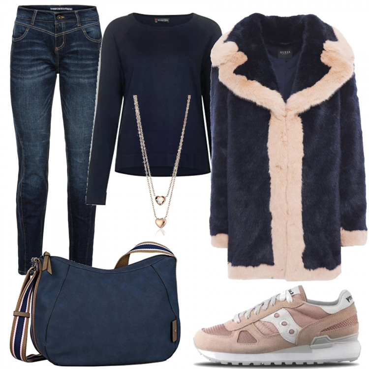 Outfit donna - Mix&Match. Stile Trendy per Tutti i giorni. Abbinamento con jeans boyfriend, cappotti, sneakers, borse a spalla, maglioni, ciondoli.