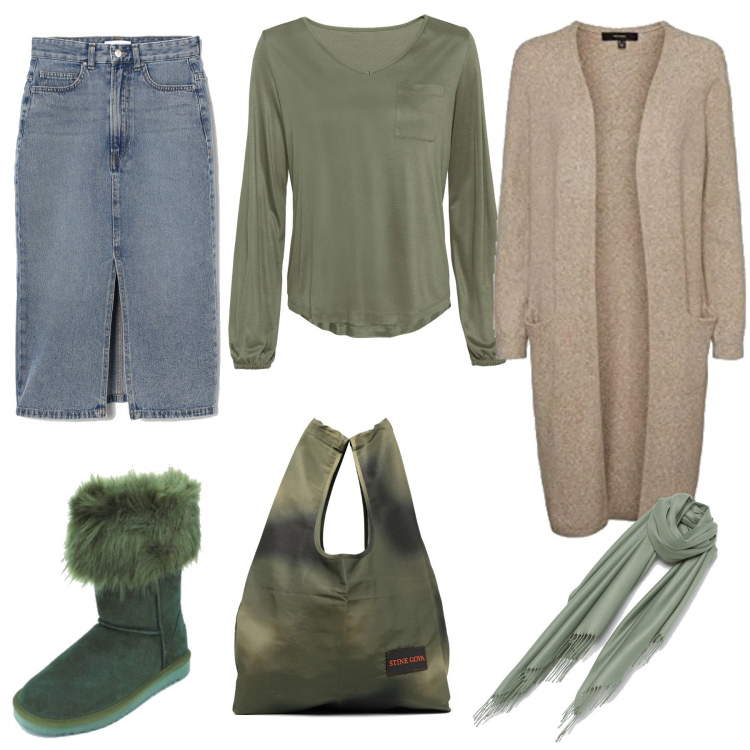 Outfit donna - Autunno con la gonna in denim. Stile Basic per Tutti i giorni. Abbinamento con bluse, stivaletti, borse tote, cardigans, gonne, sciarpe.