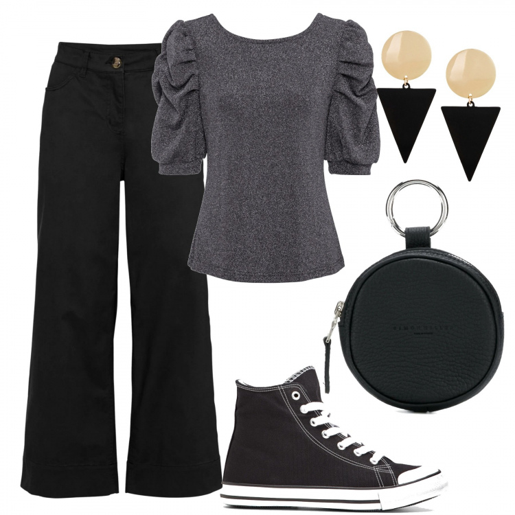 Outfit donna - Cut in the black. Stile Rock per Tutti i giorni. Abbinamento con maglieria, cardigans, sneakers alte, orecchini, clutch.