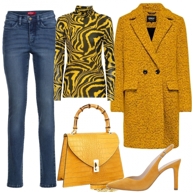 Outfit donna - Mustard. Stile Trendy per Tutti i giorni. Abbinamento con jeans slim fit, décolleté, borse a mano, cappotti, top.