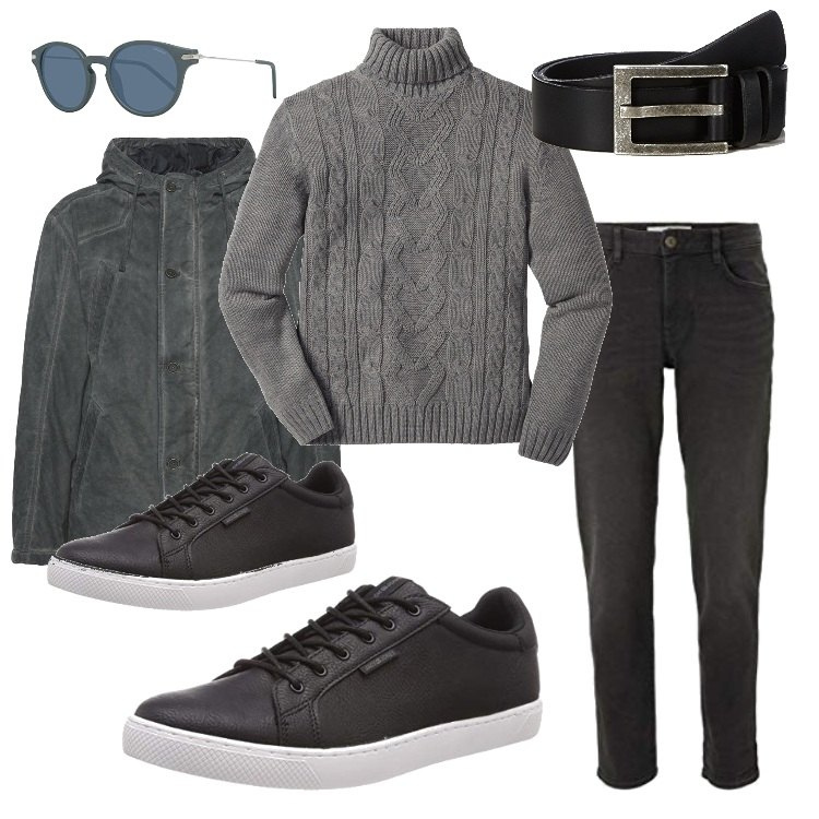 Outfit uomo - Casual #24002. Stile Casual per Tutti i giorni. Abbinamento con maglieria, cappotti, pantaloni, sneakers, occhiali da sole, cinture.