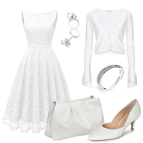 Outfit donna - Nozze civili. Stile Bon Ton per Cerimonia. Abbinamento con cardigans, pochette, décolleté, vestiti midi/longuette, anelli, orecchini.