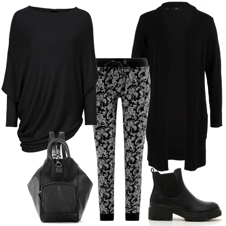 Outfit donna - Casual in nero. Stile Trendy per Tutti i giorni. Abbinamento con maglieria, cardigans, zaini, pantaloni, stivaletti.