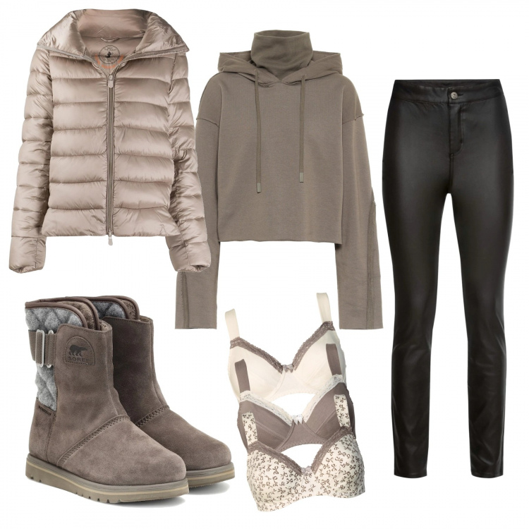 Outfit donna - Comodità e stile!. Stile Basic per Tutti i giorni. Abbinamento con reggiseni, pantaloni, piumini, stivaletti, felpe con cappuccio.