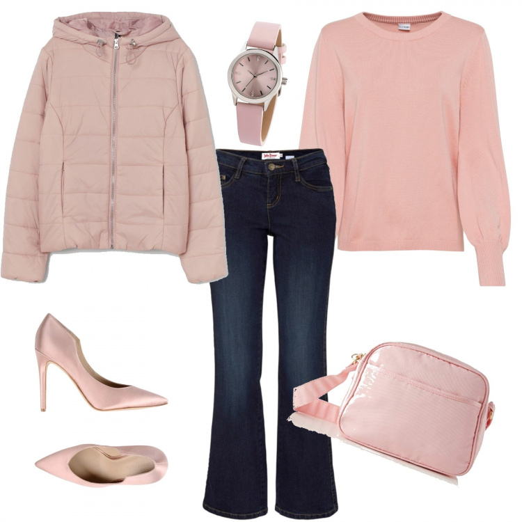 Outfit donna - Rosa e jeans. Stile Urban per Tutti i giorni. Abbinamento con jeans bootcut, maglieria, orologi, décolleté, piumini, borse a tracolla.