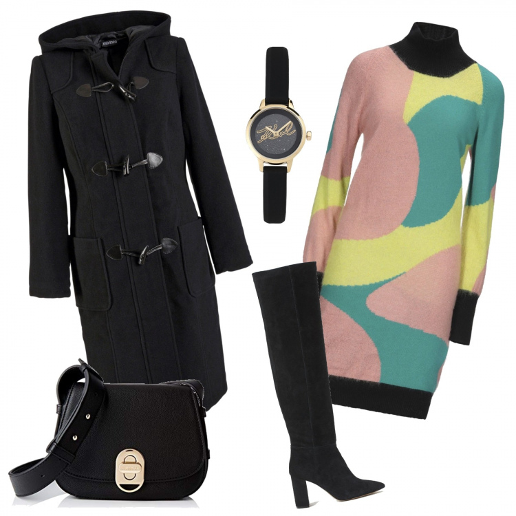 Outfit donna - L\'abito colorato. Stile Chic per Tutti i giorni. Abbinamento con montgomery, vestiti corti, orologi, borse a spalla, stivali sopra il ginocchio.