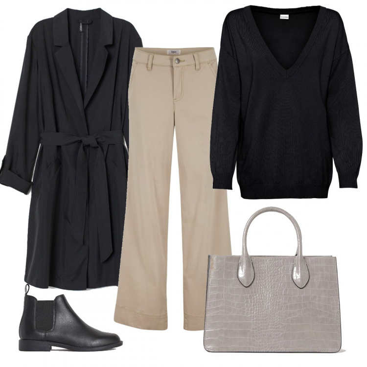 Outfit donna - Urban #31427. Stile Urban per Ufficio. Abbinamento con maglieria, pantaloni a palazzo, borse a mano, trench, stivaletti chelsea.