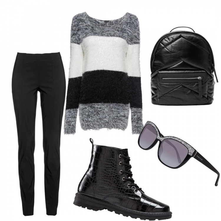 Outfit donna - Casual chic. Stile Basic per Tutti i giorni. Abbinamento con pantaloni, maglieria, stivaletti, occhiali da sole, zaini.
