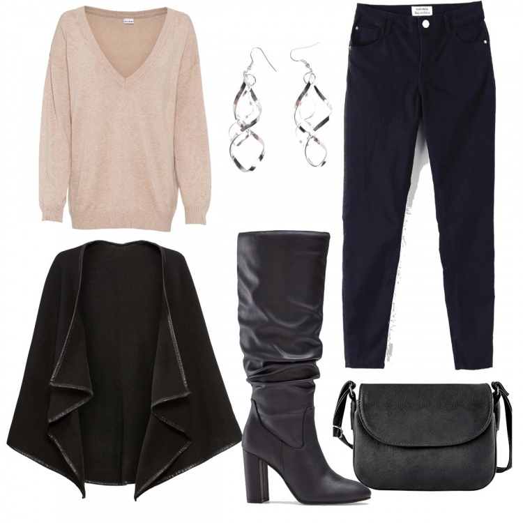 Outfit donna - Al caldo. Stile Basic per Ufficio. Abbinamento con maglieria, stivali sopra il ginocchio, borse a tracolla, cappotti, pantaloni, orecchini.