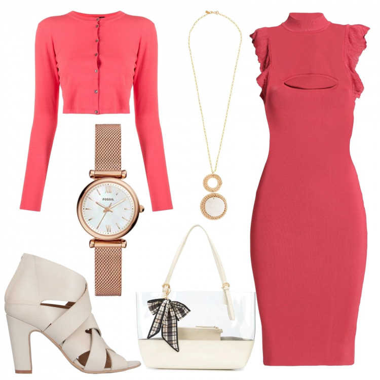 Outfit donna - Look dolce. Stile Sexy per Serata fuori. Abbinamento con vestiti corti, stivaletti, ciondoli, cardigans, shopping bag, orologi analogici.