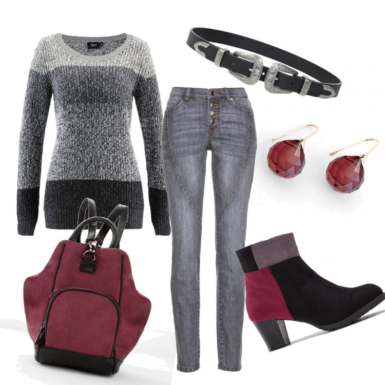 Outfit donna - Tutto Bonprix. Stile Basic per Tutti i giorni. Abbinamento con maglieria, stivaletti, zaini, jeans, orecchini, cinture.
