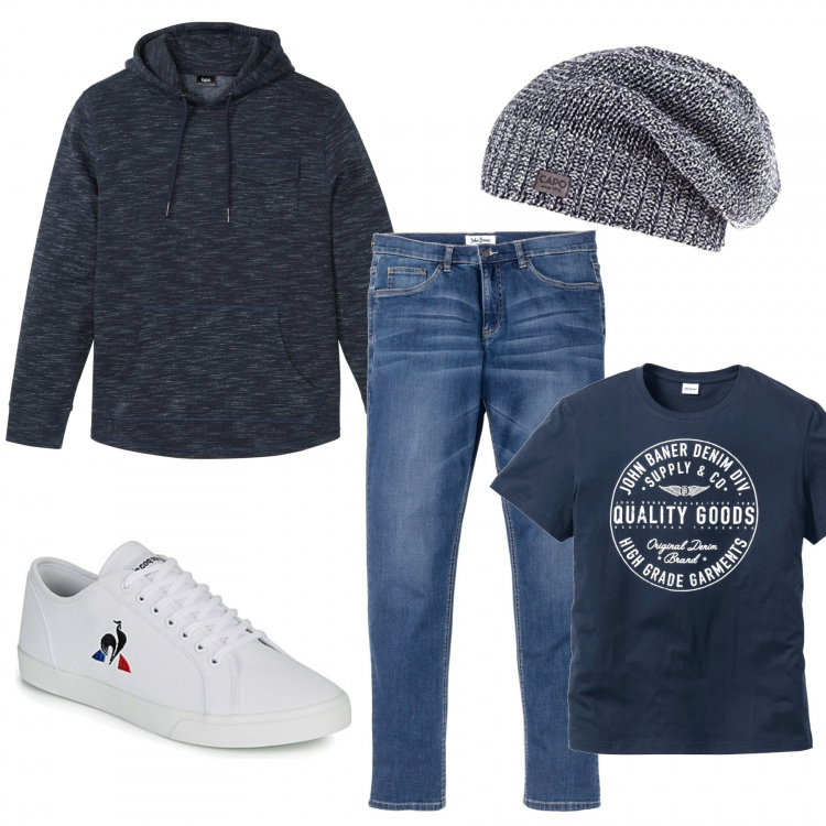 Outfit uomo - Urban #10963. Stile Urban per Tutti i giorni. Abbinamento con jeans, t-shirt, felpe con cappuccio, sneakers, berretti.