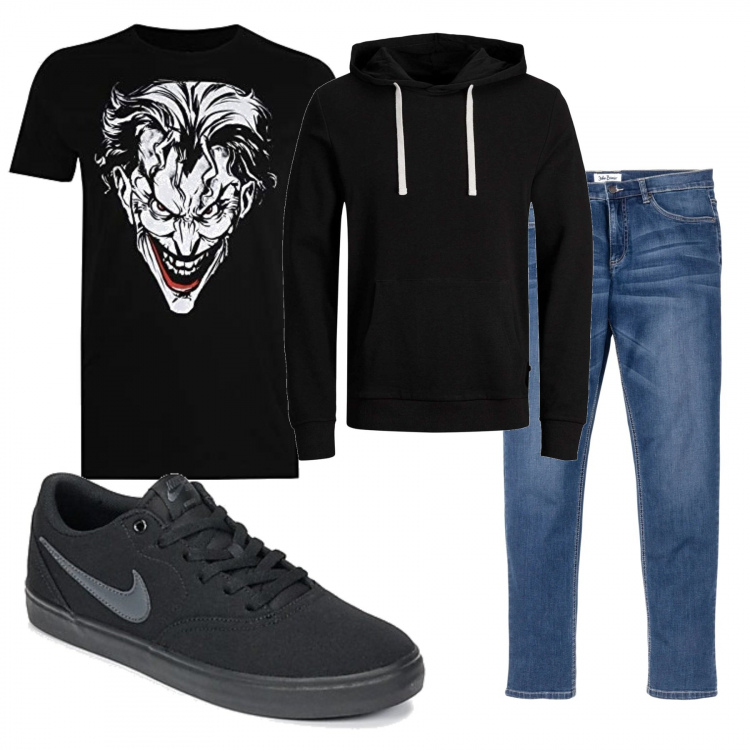 Outfit uomo - Joker. Stile Casual per Tutti i giorni. Abbinamento con jeans, sneakers, felpe con cappuccio, t-shirt.