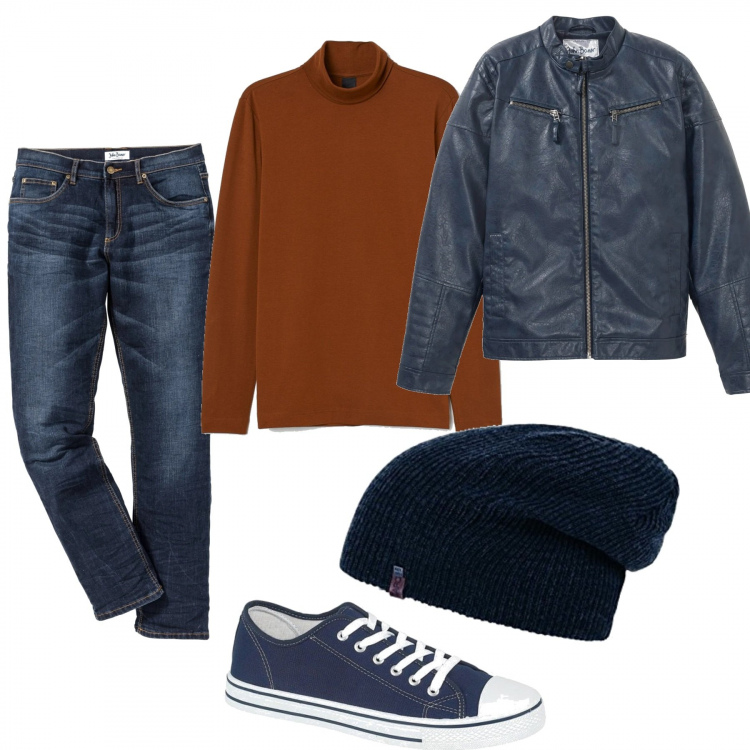 Outfit uomo - Biker Rock #1059. Stile Biker Rock per Tutti i giorni. Abbinamento con jeans slim fit, giacche, maglioni, berretti, sneakers.