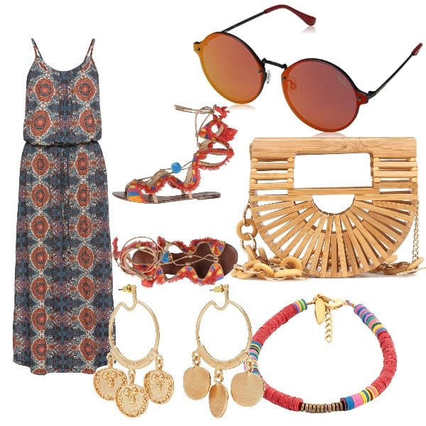 Outfit donna - Il prossimo viaggio. Stile Etnico per Tutti i giorni. Abbinamento con vestiti lunghi, sandali alla schiava, orecchini, braccialetti, occhiali da sole, borse a tracolla.