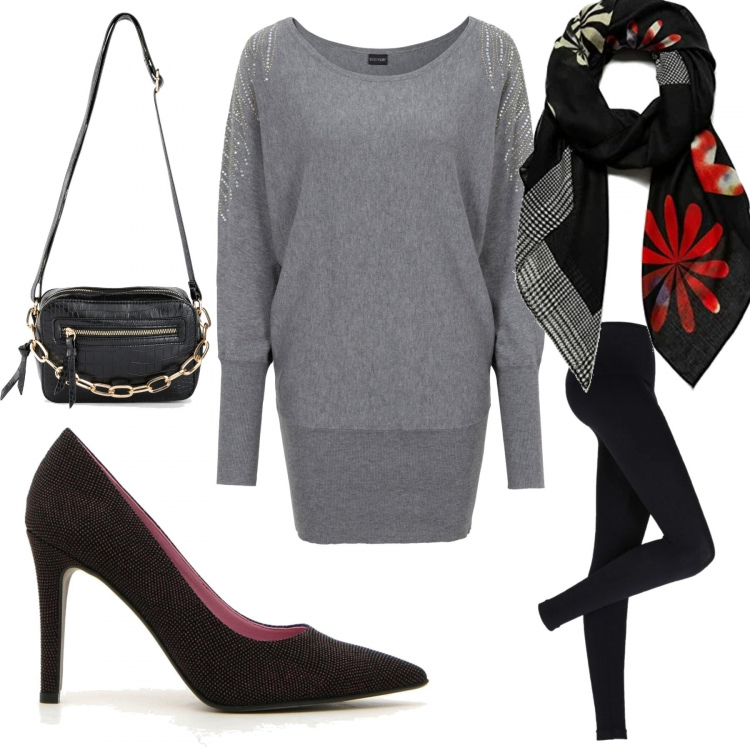 Outfit donna - Un tocco Desigual. Stile Trendy per Tutti i giorni. Abbinamento con leggings, maglieria, borse a tracolla, sciarpe, décolleté.