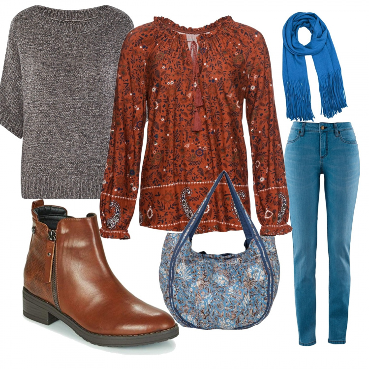 Outfit donna - Aperitivo. Stile Trendy per Tutti i giorni. Abbinamento con jeans skinny, pullovers, borse a spalla, maglioni, stivaletti, sciarpe.