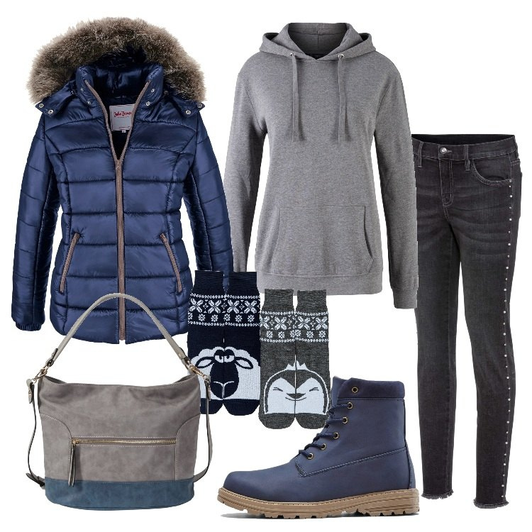 Outfit donna - Ben coperta con il piumino. Stile Basic per Tutti i giorni. Abbinamento con piumini, stivaletti, felpe con cappuccio, jeans skinny, borse a mano, calzini.